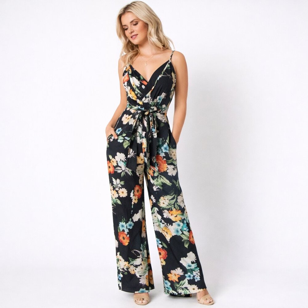 Yumi Kim Multicolor Floral Wide Leg Maxi Jumpsuit Sleeveless V-Neck Tie Waist M